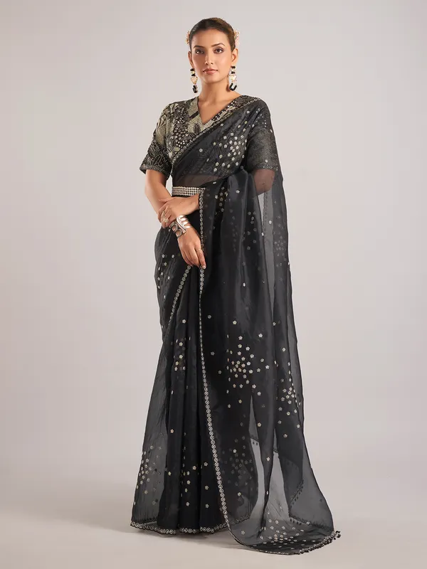 Black organza saree with ready made blouse