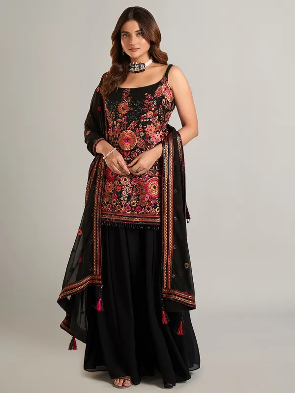 Black palazzo suit in soft georgette