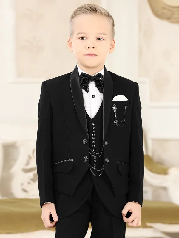 Black partywear terry rayon coat suit in shawl lapel collar
