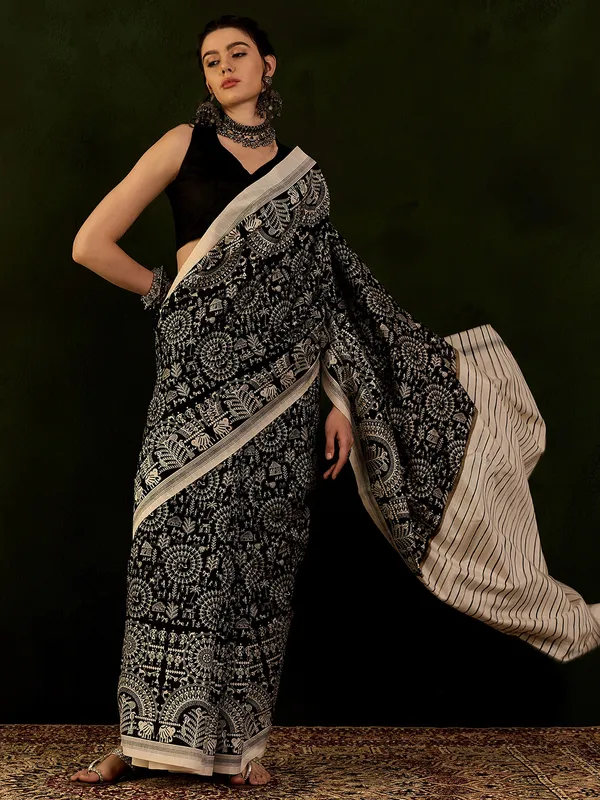 Black print bhagalpuri silk saree with print