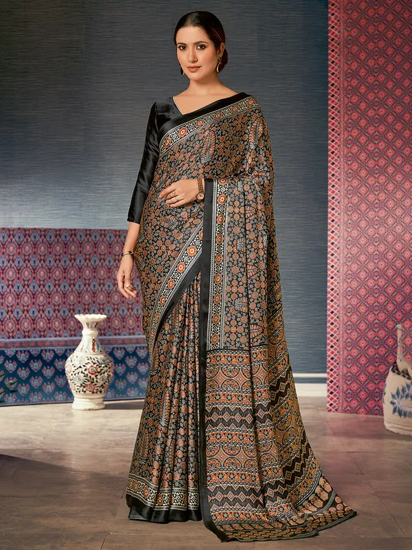 Black printed bhagal puri silk saree for festival