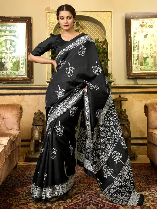 Black printed bhagalpuri silk saree for festive wear
