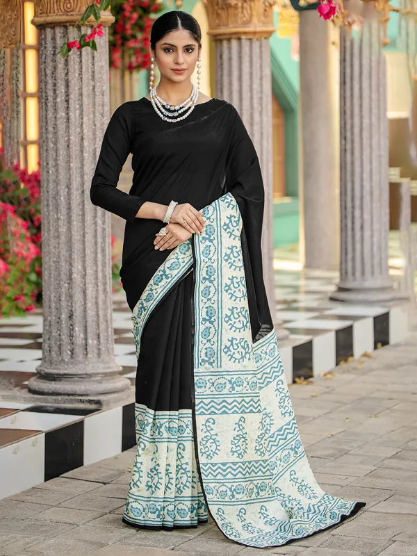 Black printed bhagalpuri silk saree for women
