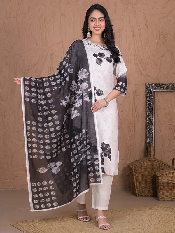 Black printed cotton silk kurti set with dupatta