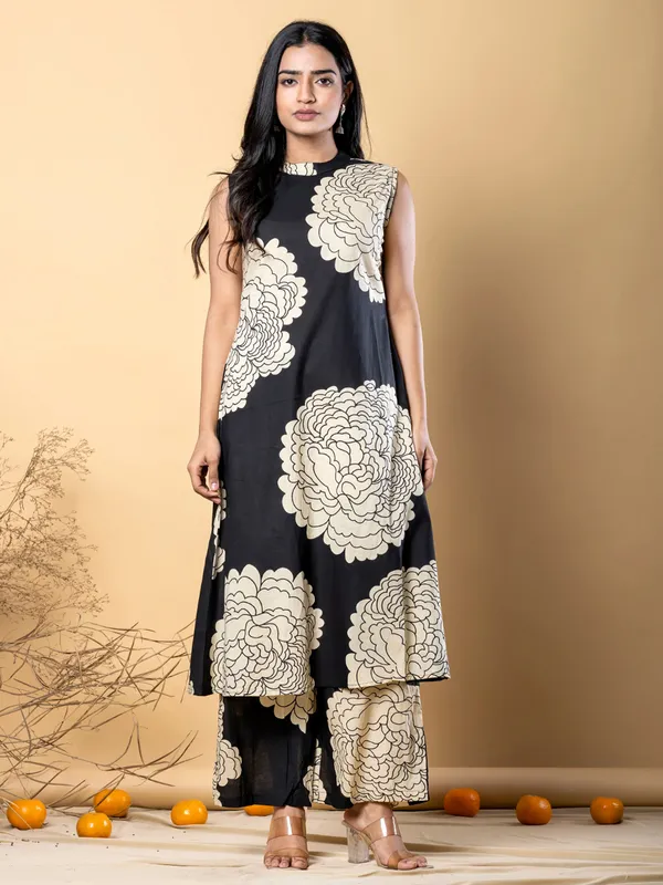 Black printed cotton silk palazzo kurti set