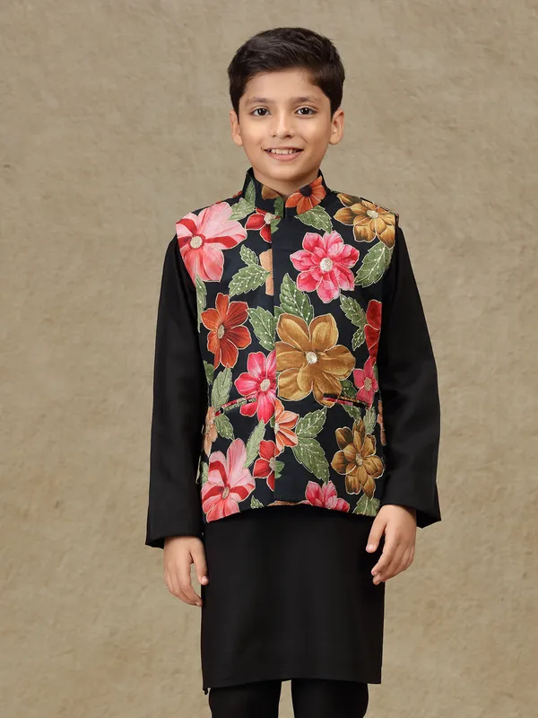 Black printed cotton silk waistcoat set