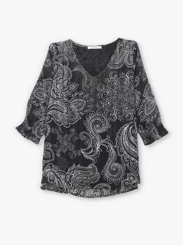 Black printed cotton V neck top