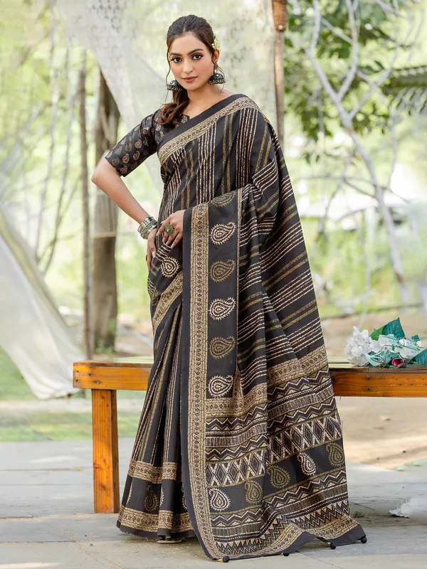 Black printed cozi silk saree