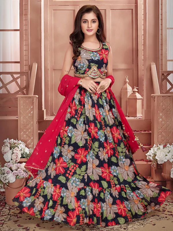 Black printed georgette lehenga choli for reception