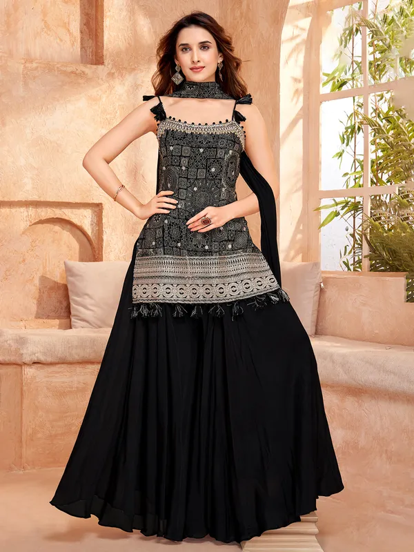 Black printed georgette palazzo suit for wedding