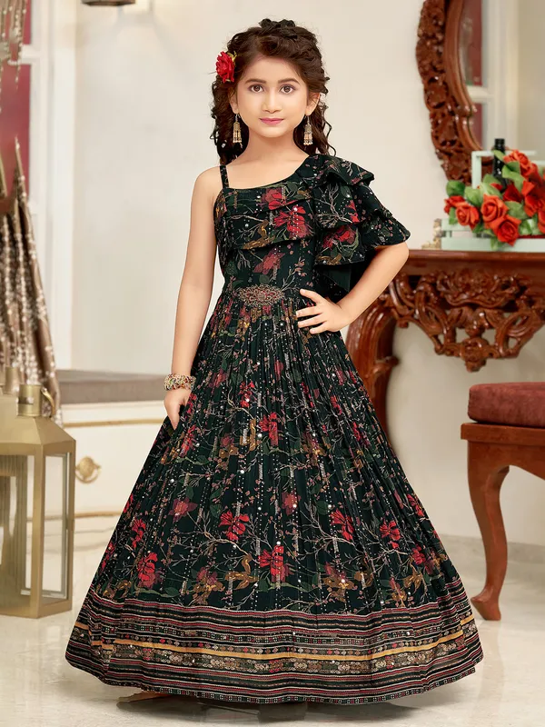 Black printed gown in silk