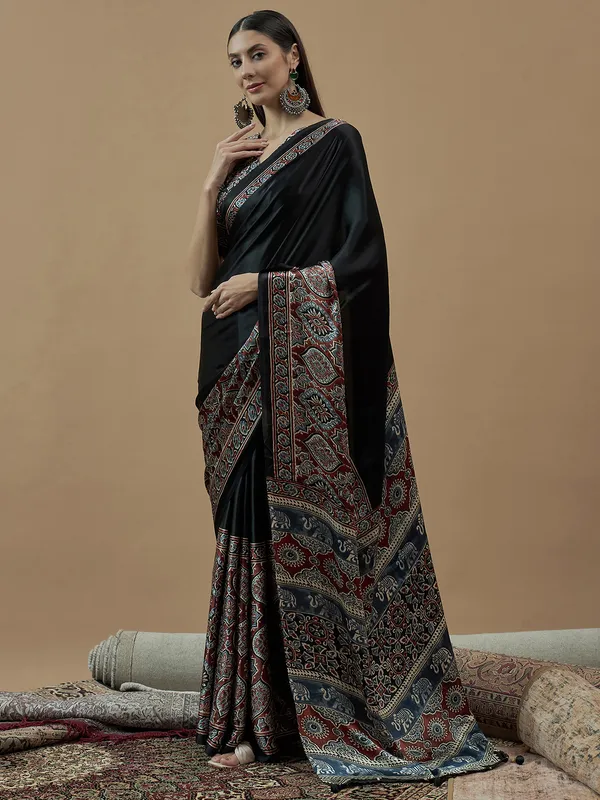 Black printed japan satin saree