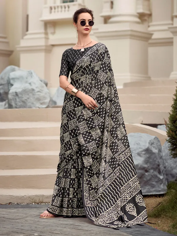 Black printed malmal silk saree