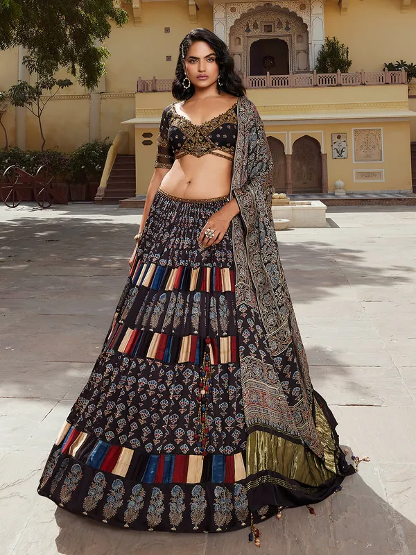 Black printed modal silk lehenga choli