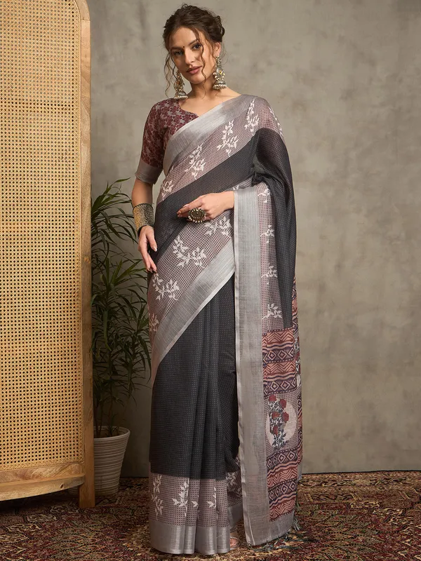 Black printed pure linen saree