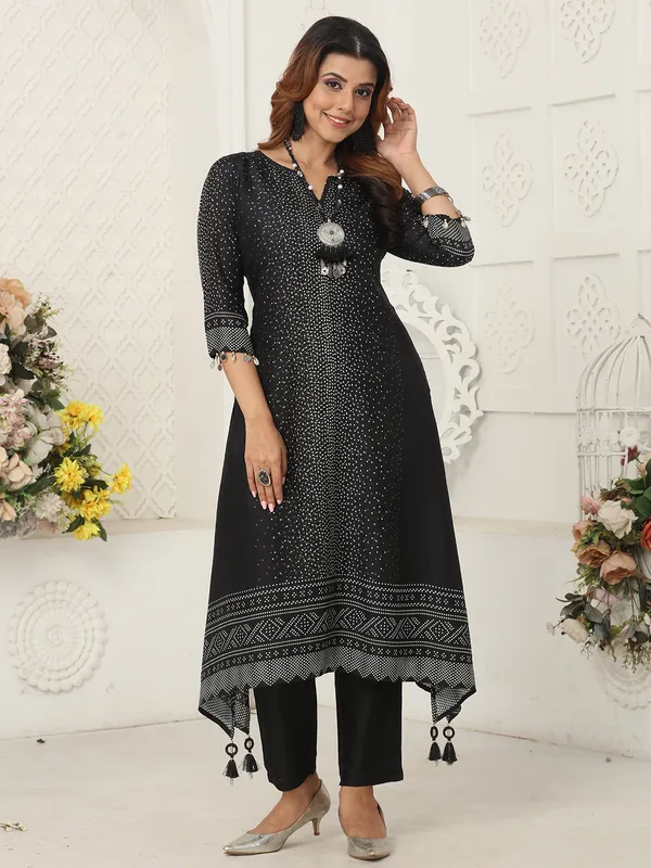 Black printed russian silk kurti set for women