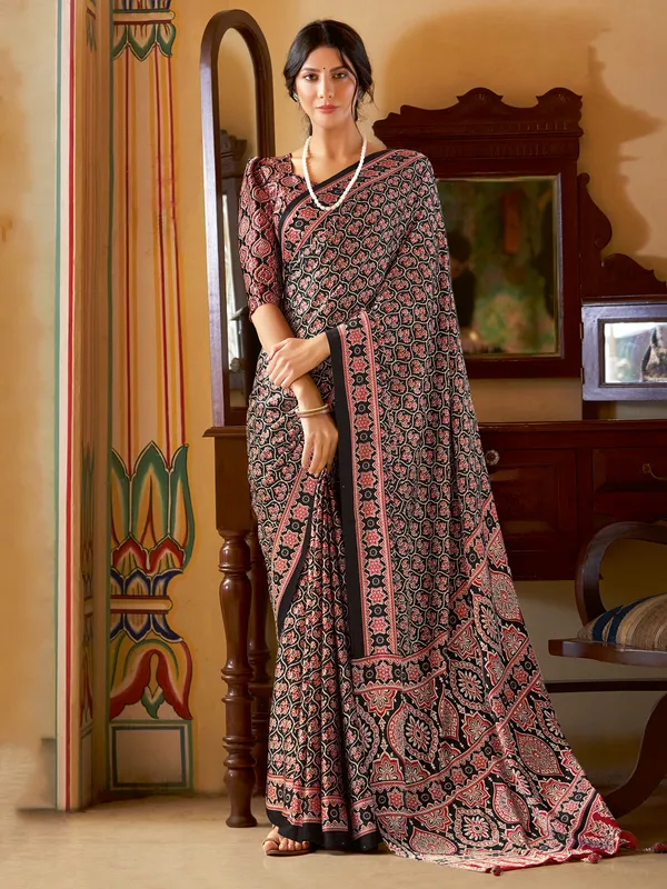 Black printed saree in japan silk