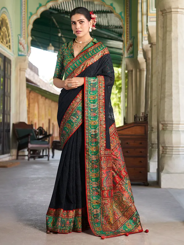Black printed saree with therad work