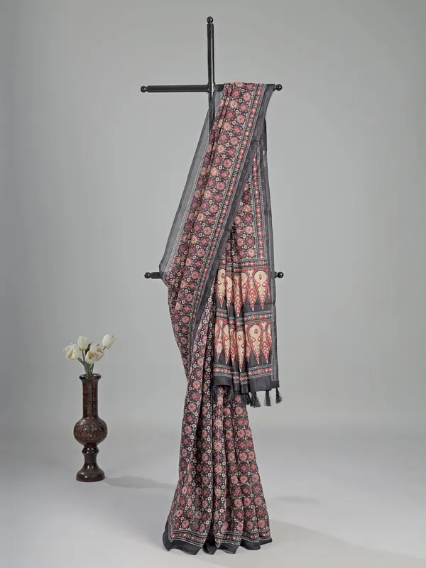 Black printed semi cotton saree with sequins