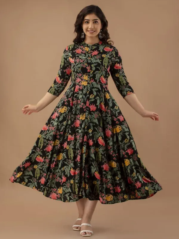 Black printed silk kurti for women