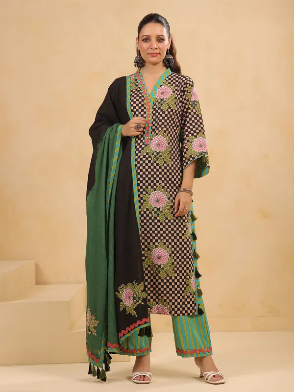 Black printed silk kurti set with dupatta for women