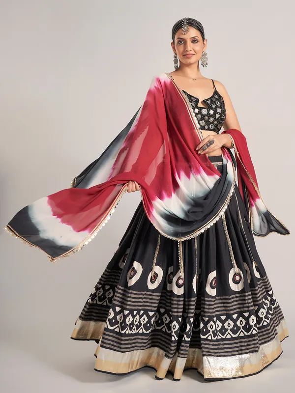 Black printed silk navratri wear chaniya choli