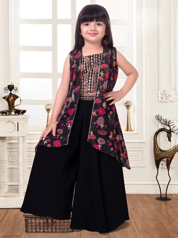 Black printed silk palazzo suit with shrug