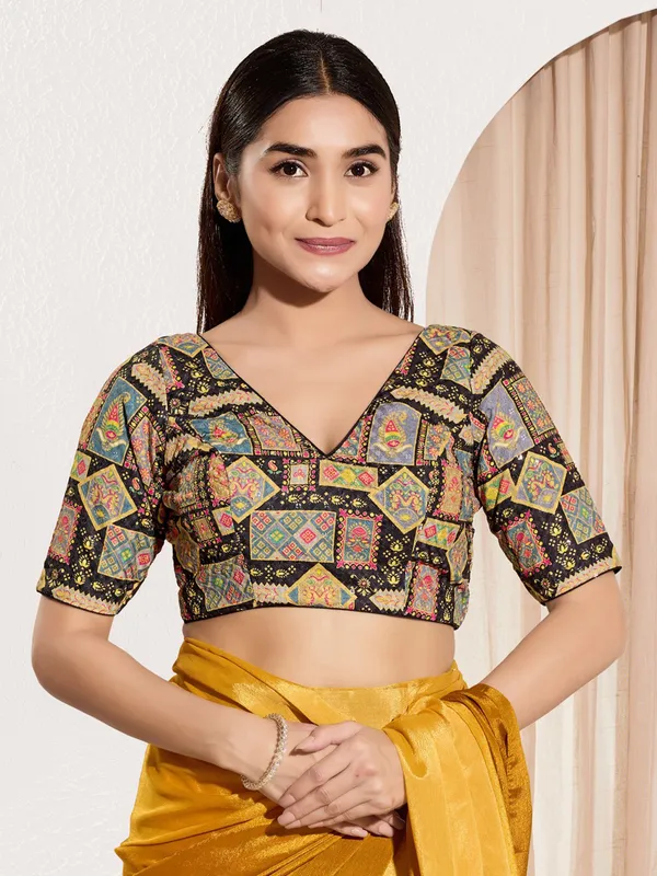 Black printed viscose rayon ready made blouse
