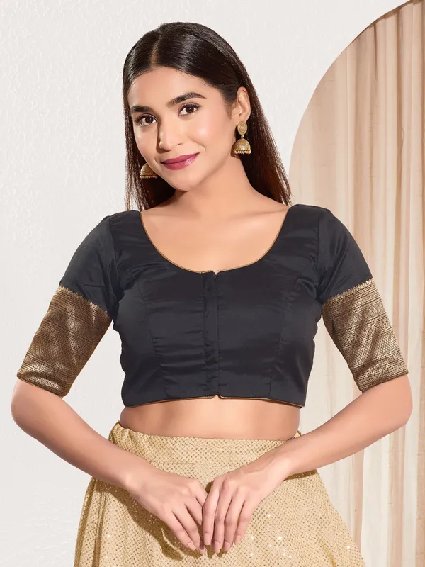 Black ready made blouse in silk in zari weaving for women