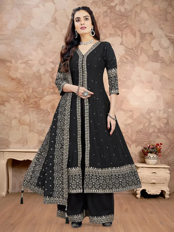 Black resham worked palazzo suit