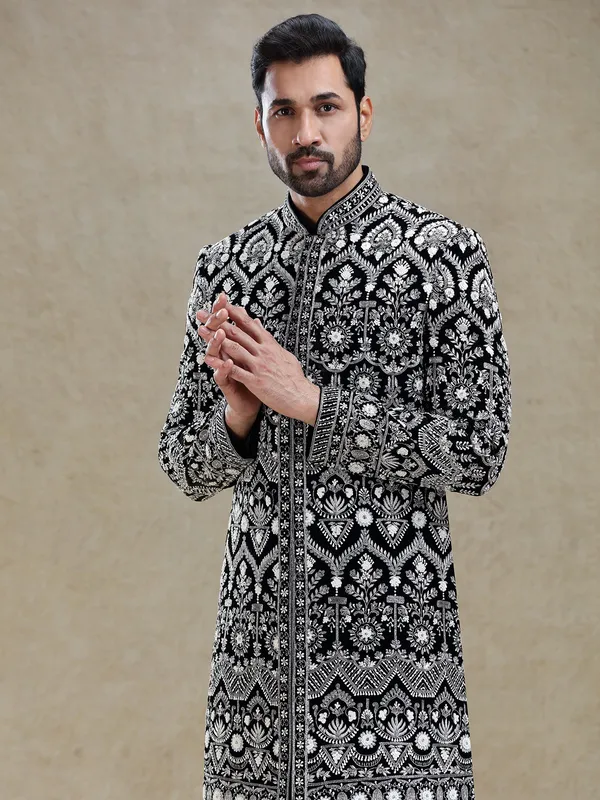 Black rich worked velvet long sherwani for men