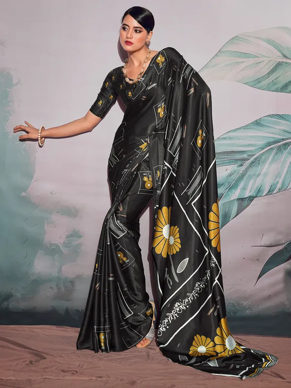 Black satin saree in printed