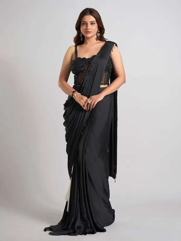 Black satin silk designer party wear saree