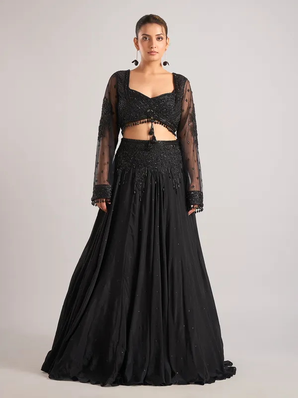 Black satin silk lehenga choli for party wear