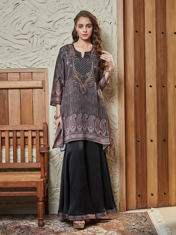 Black satin silk palazzo kurti set in printed