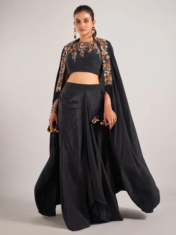 Black satin silk party wear indowestern suit
