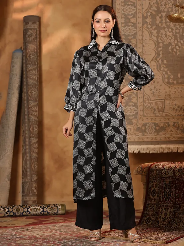 Black satin silk printed kurti set