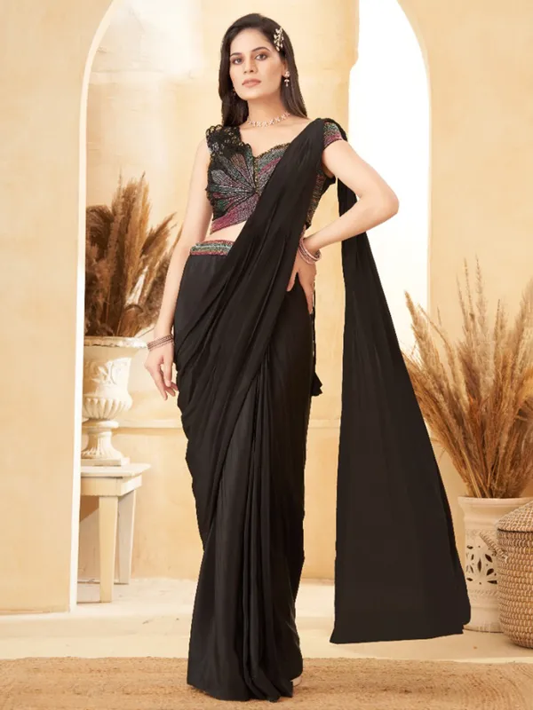 Black satin silk ready to wear saree