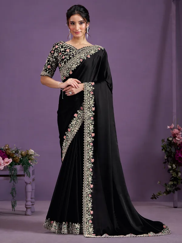 Black satin silk saree for wedding