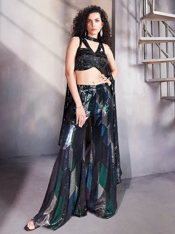 Black sequins palazzo suit for party wear