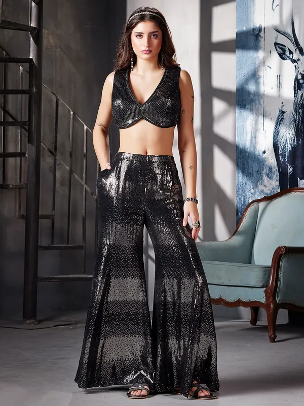 Black sequins party wear palazzo suit
