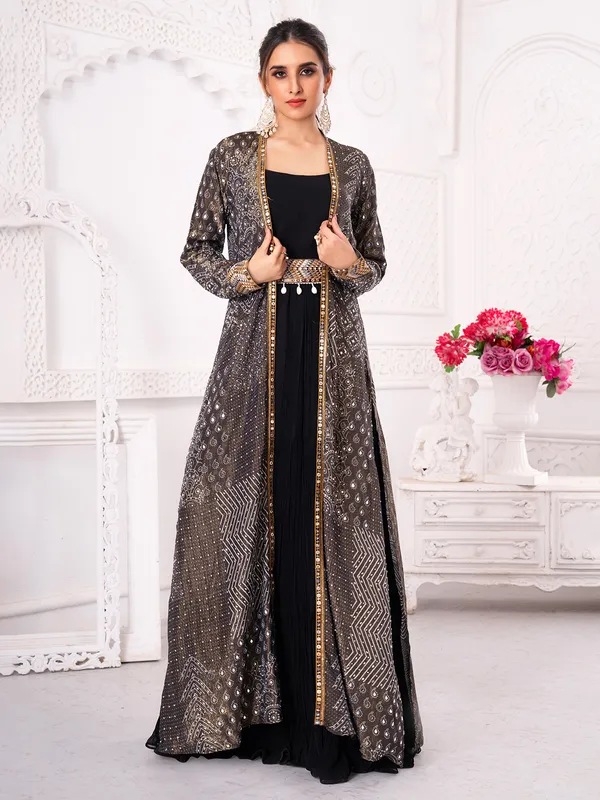 Black silk anarkali jacket style set with cowrie shells