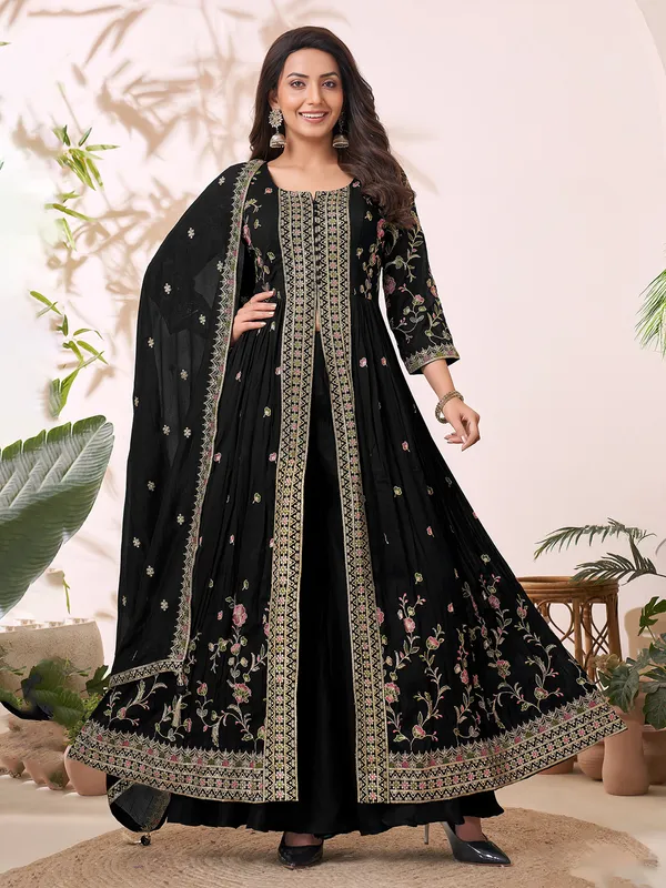 Black silk anarkali palazzo suit with dupatta