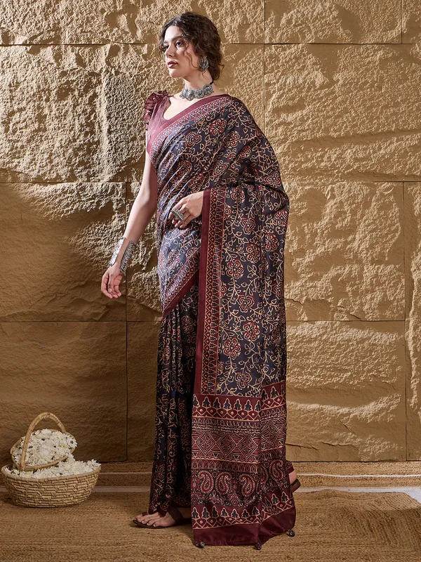 Maroon and black silk digital printed saree for women
