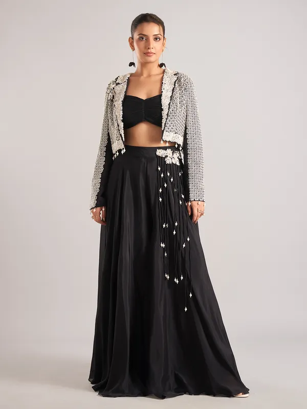 Black silk embroidered jacket style palazzo suit