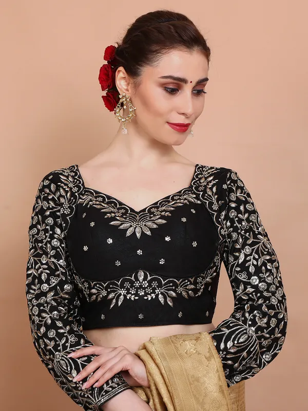 Black silk embroidered sweetheart neck ready made blouse