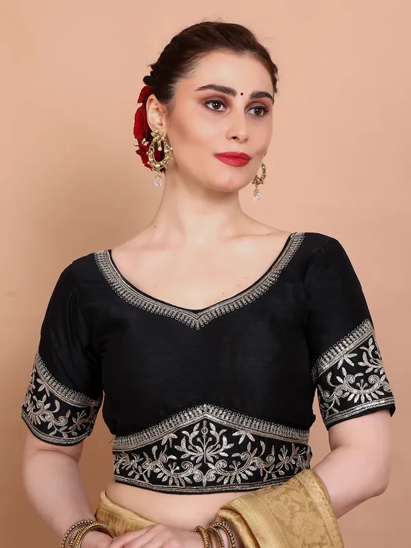 Black silk embroidered sweetheart neck ready made blouse for women