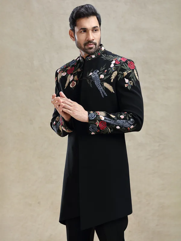 Black silk indo-western in colourfull embroidery