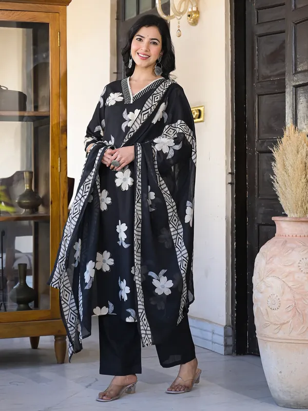 Black silk kurti set in floral printed