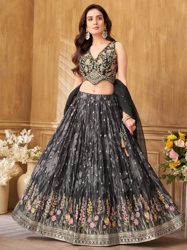 Black silk lehenga choli with printed